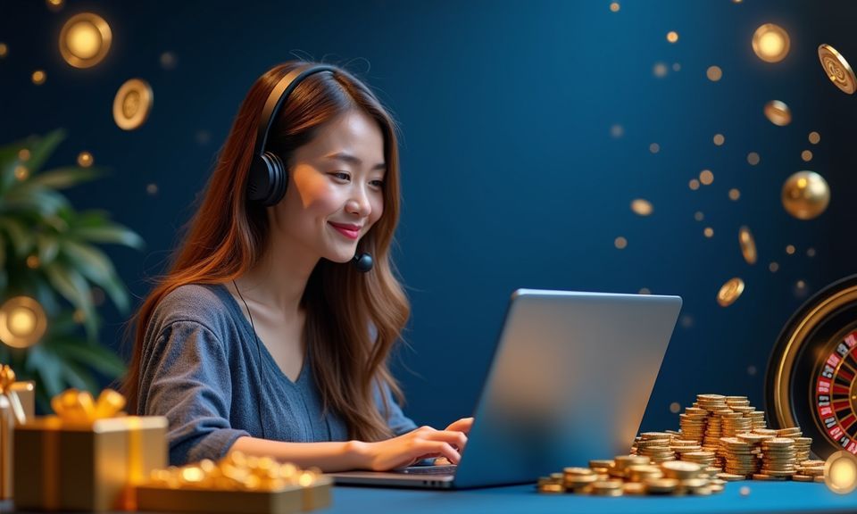 Woman with headset using laptop, surrounded by coins and roulette wheel.