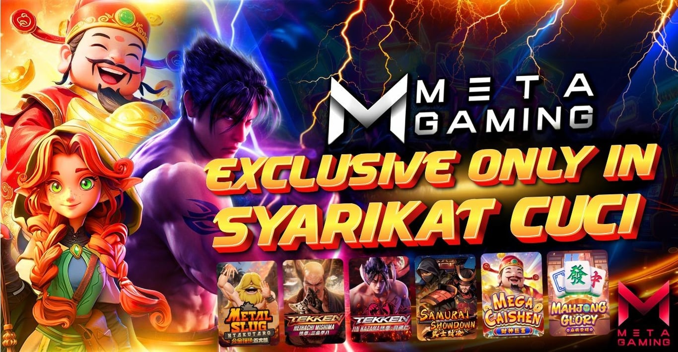 Colorful promotional graphic featuring various gaming characters and titles, highlighting 'Exclusive Only in Syarikat Cuci' with a focus on 100 cuci Malaysia