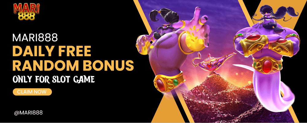 Mari888 Banner Daily free random bonus slot.