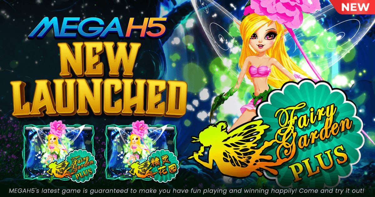 Promotional banner for MEGAH5's new Fairy Garden Plus game with a fairy character.
