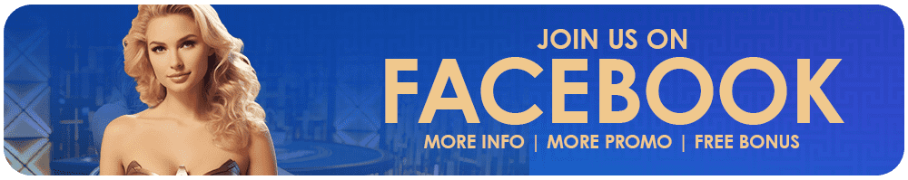 Blue banner with woman and text 'JOIN US ON FACEBOOK' with bonus offers