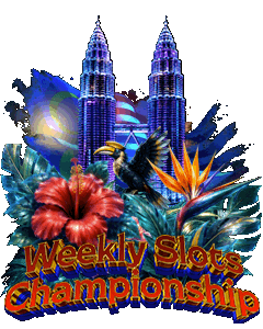 Weekly Slots Championship graphic with Petronas towers and tropical flowers