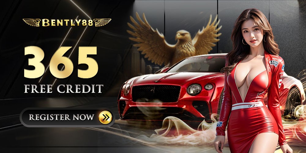 Bently88 logo with 365 free credit offer, red car, eagle, and woman in red outfit.