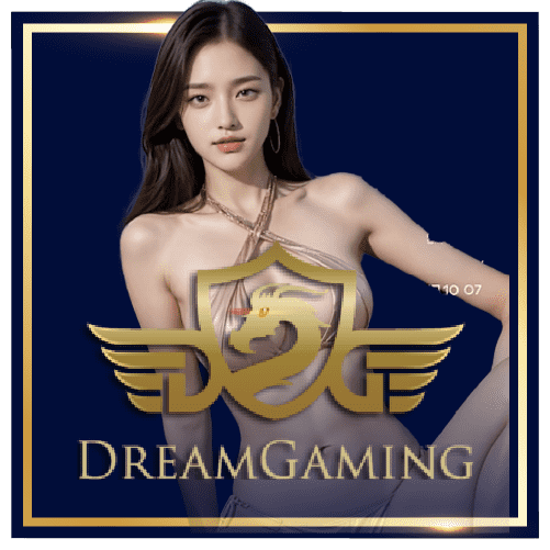 Woman with 'DREAMGAMING' logo featuring dragon shield
