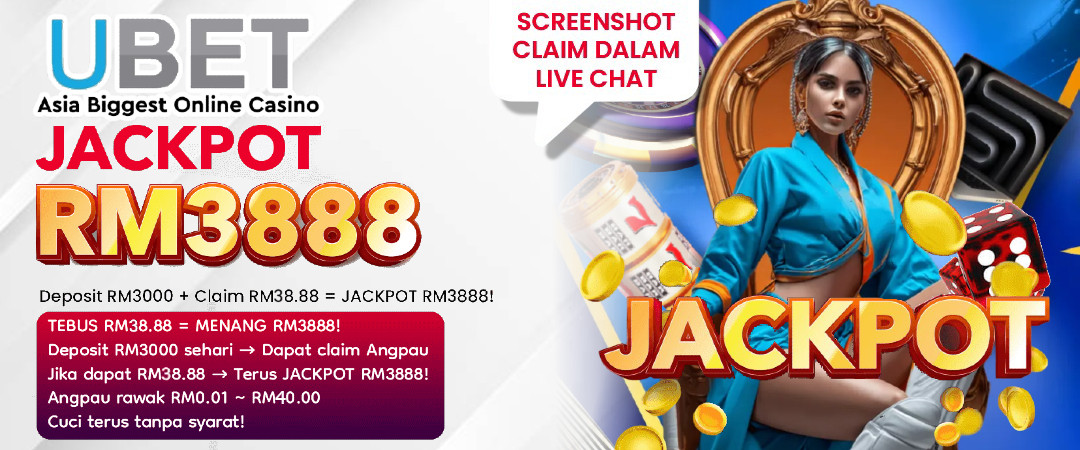 Jackpot offer promo showing RM3888 prize with deposit and claim conditions.
