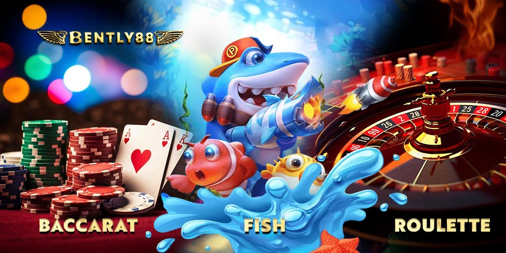 Hero banner with cartoon shark, roulette, poker chips, and game labels