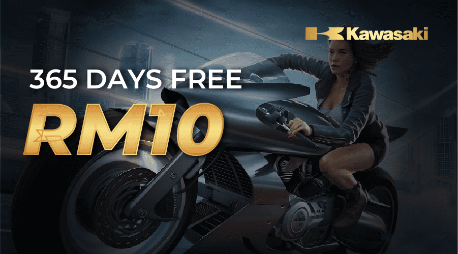 365 days free RM10 offer with woman riding futuristic motorcycle