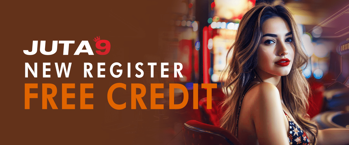Promotional banner for new register free credit with woman in casino setting