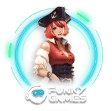 Pirate woman with red hair, Funky Games logo below.