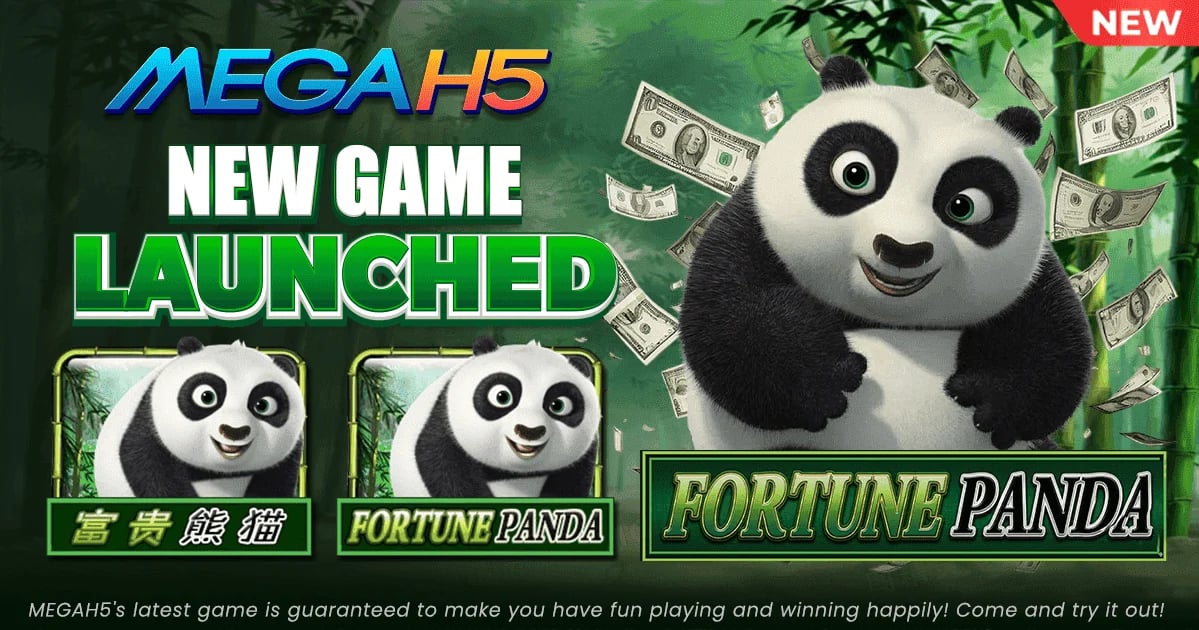Banner for new game 'Fortune Panda' by MEGAH5 with panda character and money