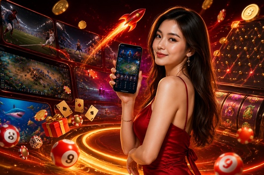 Woman in red dress holding phone with game, surrounded by sports, lottery balls, and casino icons