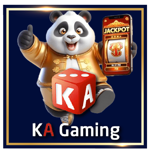 Panda holding dice and phone with jackpot, with 'KA Gaming' text.
