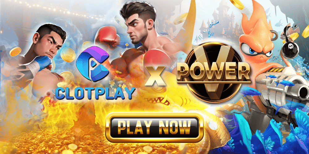 Cartoon characters and game logos with 'PLAY NOW' button for Clotplay and X Power