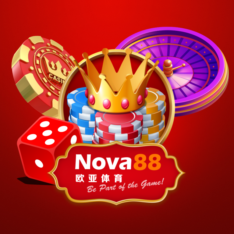 Nova88 casino promotional artwork with chips, dice, roulette, and crown