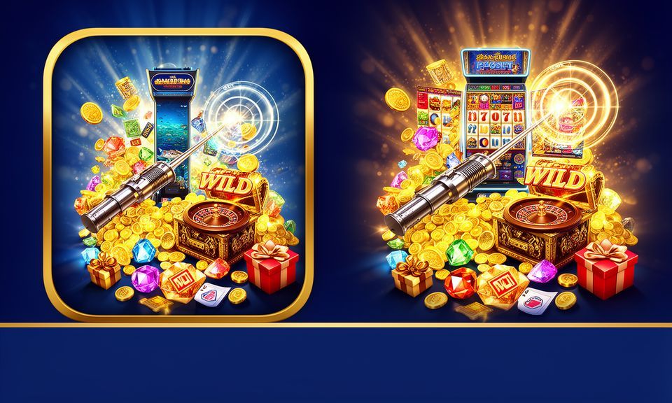 Two identical casino-themed graphics with slot machines, coins, gifts, and a telescope.