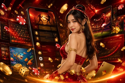 Woman in red outfit with phone displaying fighting game, surrounded by casino elements.