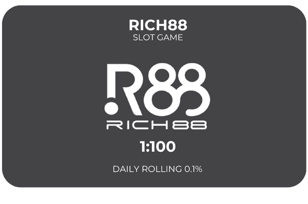 Rich88 slot game logo with 1:100 ratio and daily rolling text