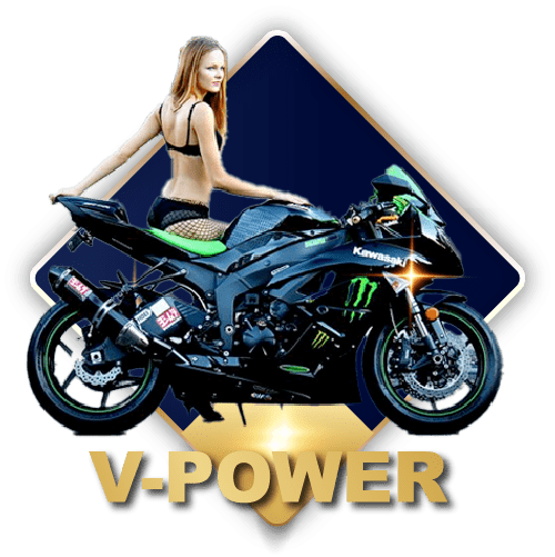 Woman on black Kawasaki motorcycle with green accents, labeled 'V-POWER'