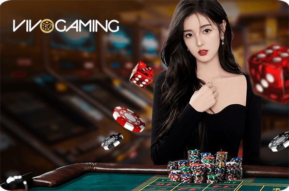 Woman at casino table with chips and dice, Vivo Gaming logo