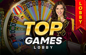 Woman in red dress beside 'TOP GAMES LOBBY' text and colorful wheel