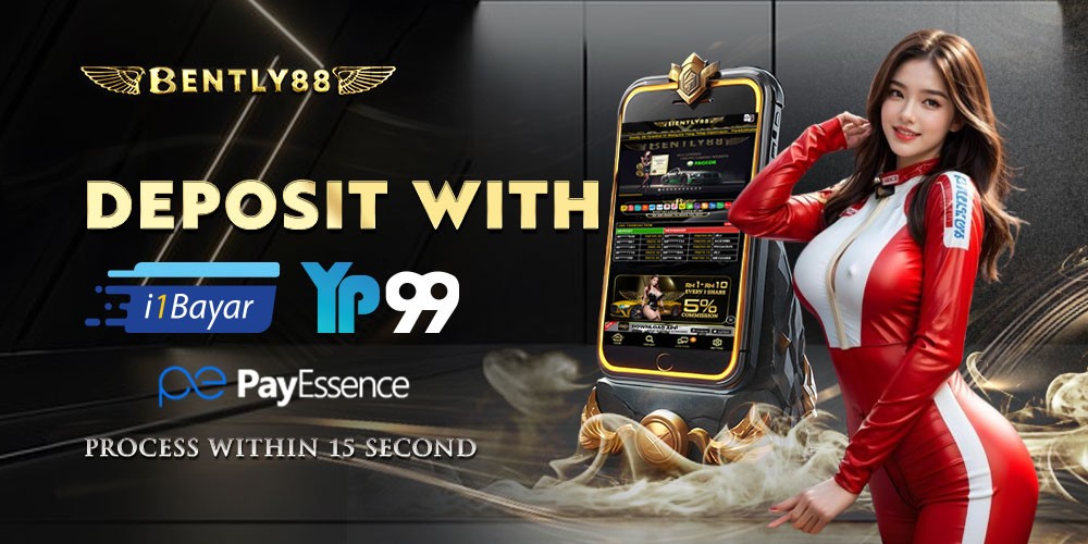 Bently88 deposit options: i1Bayar, YP99, PayEssence, with mobile app and woman in red outfit.