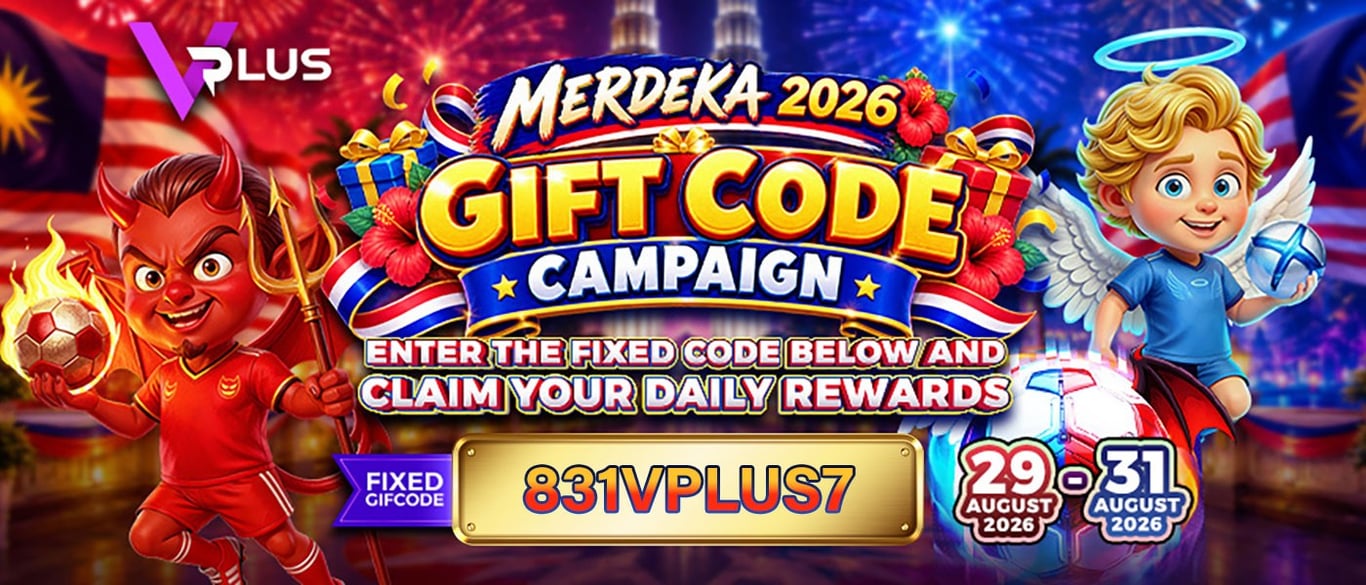 Merdeka 2026 gift code campaign with devil and angel characters and fixed code