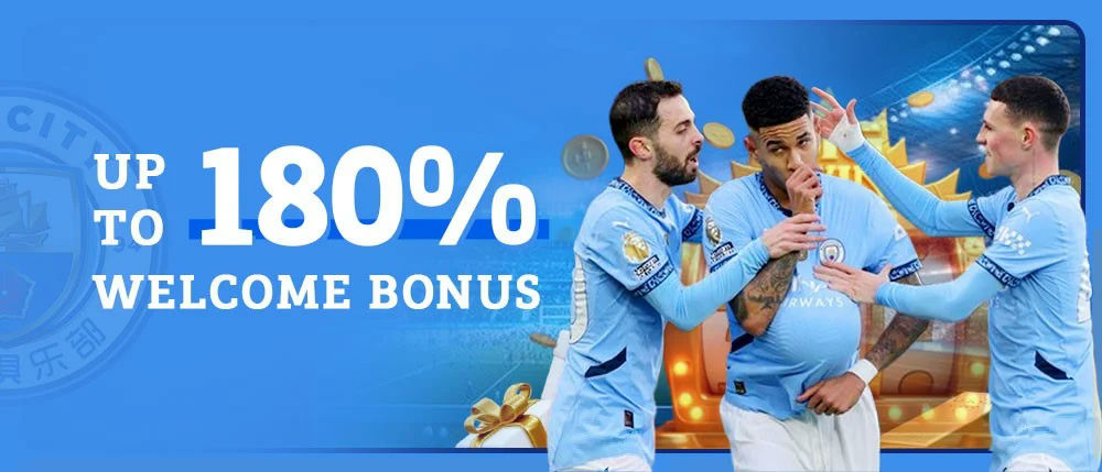 Mancity888 Banner Welcome bonus up to 180%.