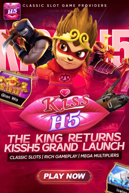 Promotional artwork for Kiss H5 slot game launch, featuring cartoon characters and 'Play Now' button.