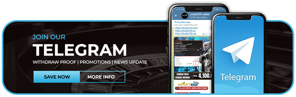 Promotional banner for Lucky555 Telegram channel with phone screenshots and call-to-action buttons