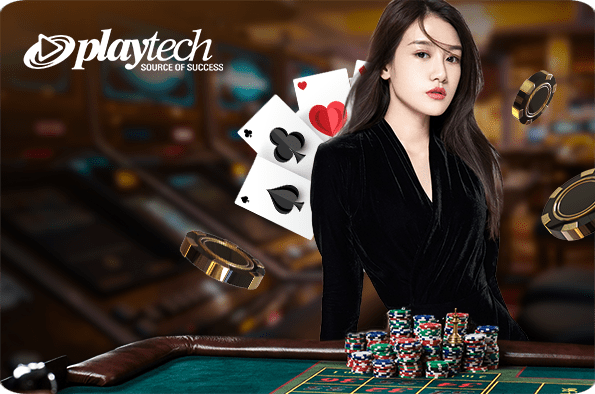 Woman at casino table with cards and chips, Playtech logo
