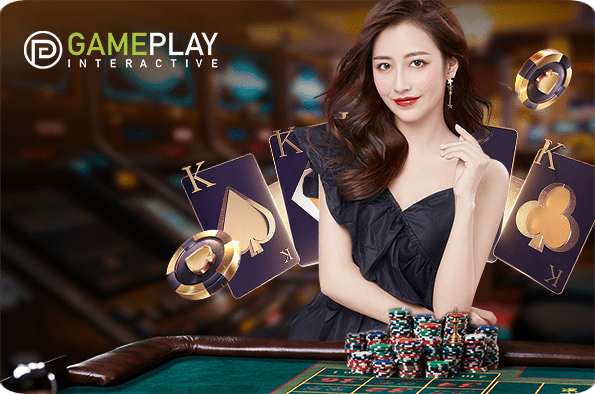 Woman at casino table with cards and chips, Gameplay Interactive logo