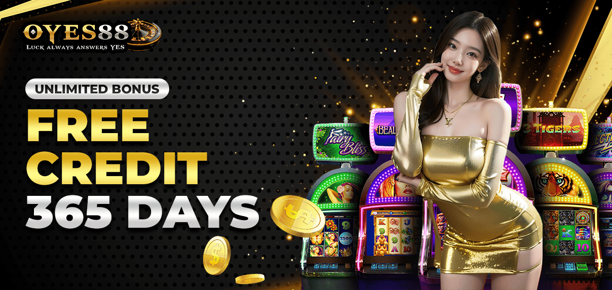 Wide promotional banner with woman in gold dress, slot machines, and text 'Free Credit 365 Days'.