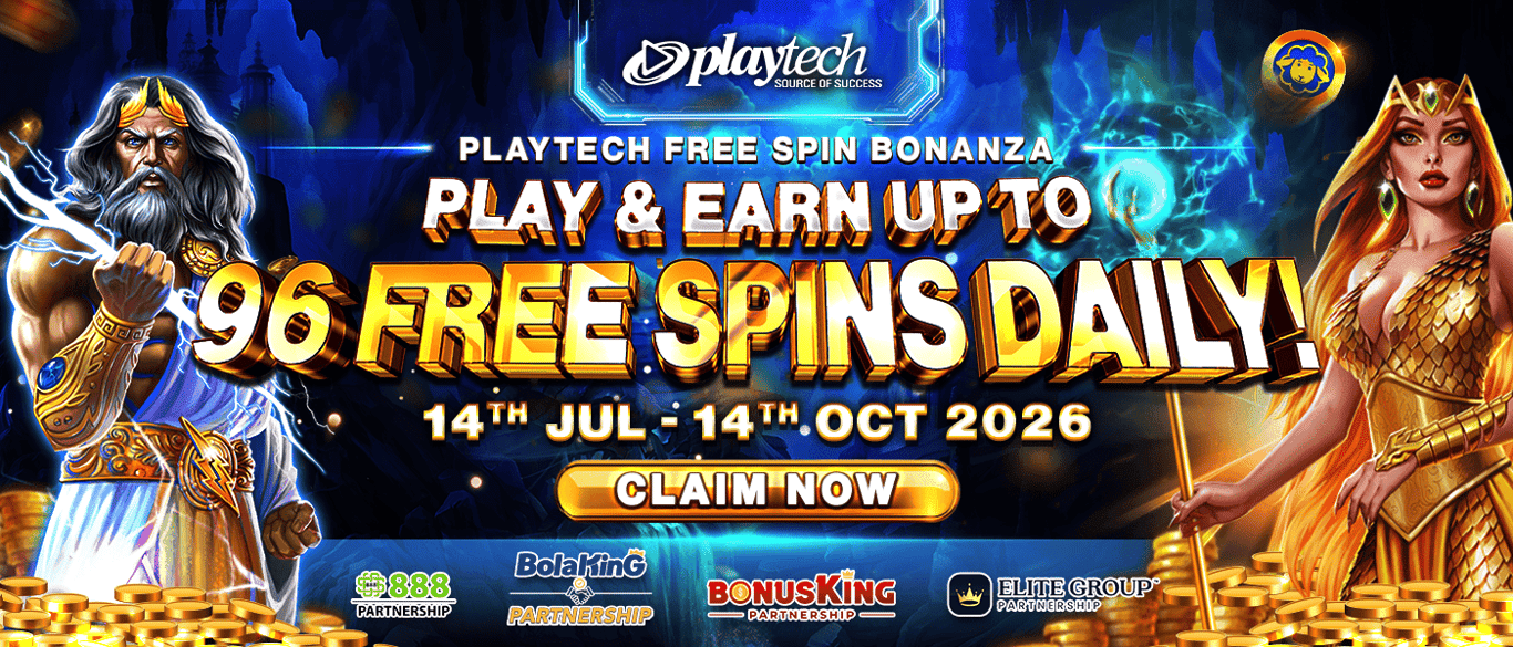 Playtech free spin promotion banner with mythological figures and 'Claim Now' button