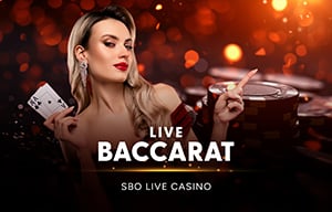 Woman holding cards and chips with 'Live Baccarat' text