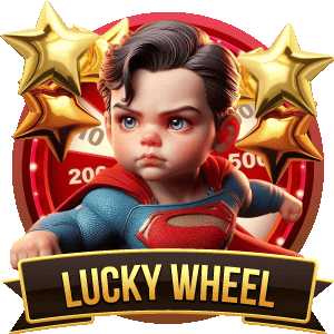 Cartoon Superman character with golden stars and banner reading 'LUCKY WHEEL'.