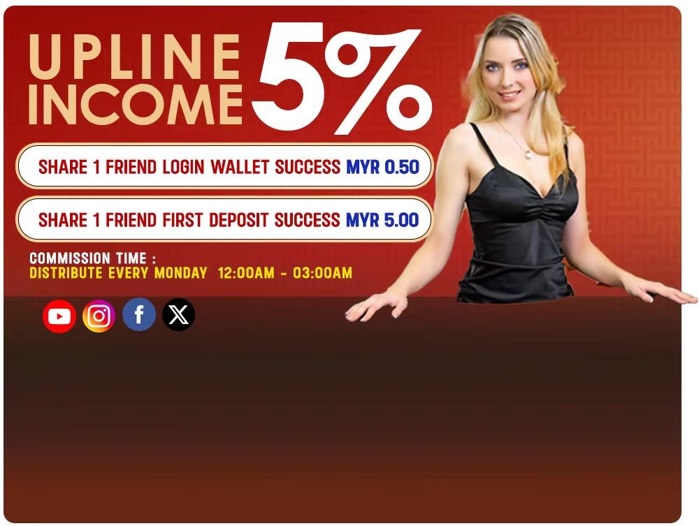 Upline income 5% promotion with referral rewards and woman in black dress