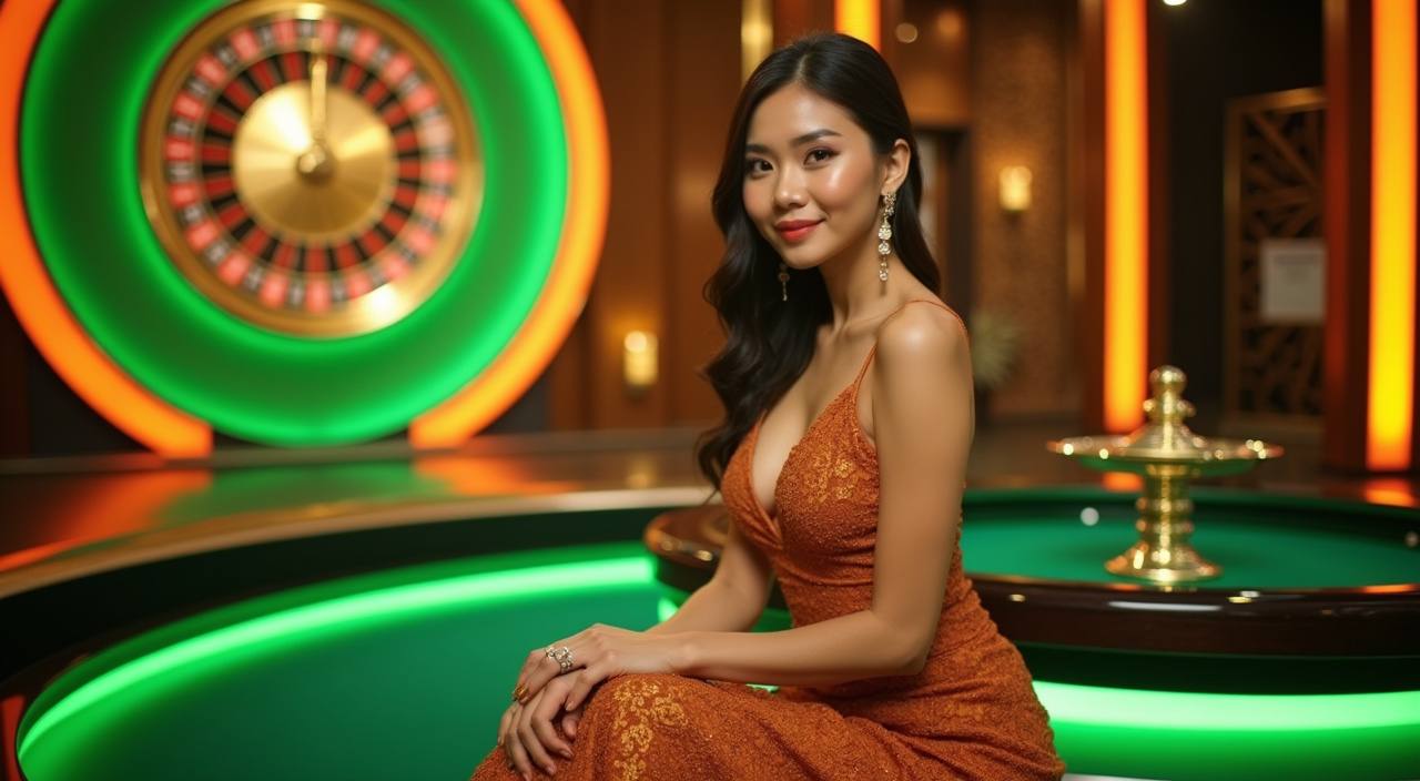 Woman in orange dress sitting at a roulette table with glowing green lights.