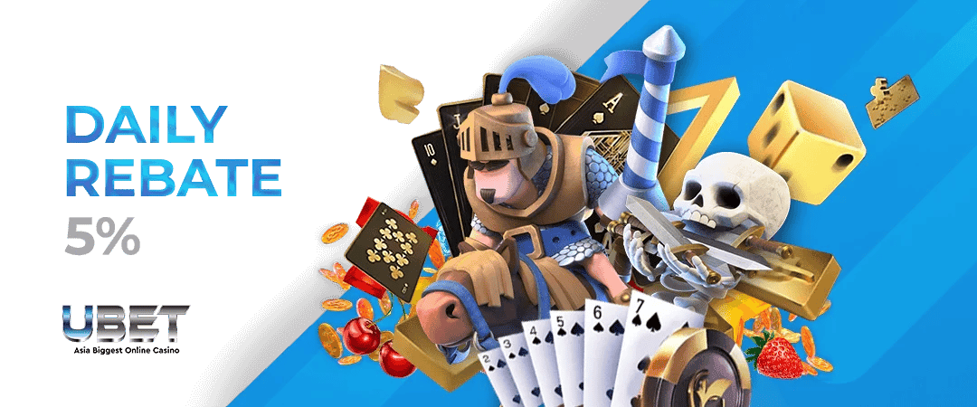 Promo graphic for 5% daily rebate with cartoon characters and casino items