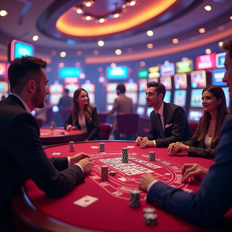 Group of people playing blackjack at a red felt table in a casino.