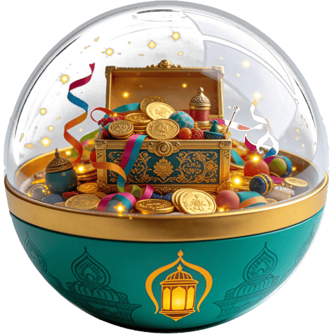 Glass dome over treasure chest with coins, lanterns, and ribbons