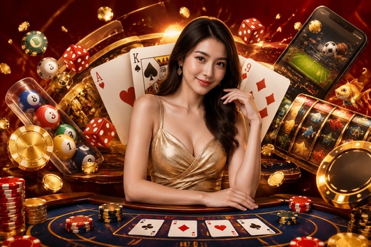 Woman in gold dress at poker table with cards, dice, and sports screen.