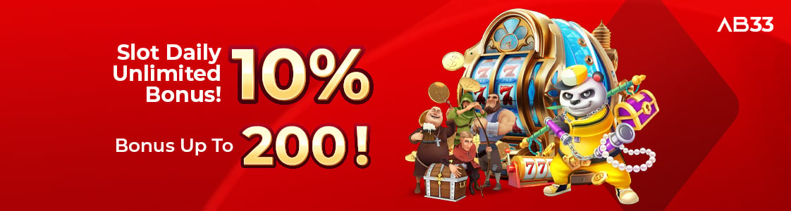 Red banner advertising 10% daily slot bonus up to 200 with cartoon characters