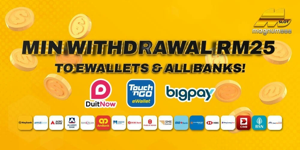 Magnum888 Banner Minimum RM25 withdrawal to eWallets.