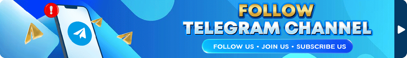Blue banner with smartphone and Telegram logo, urging to follow channel