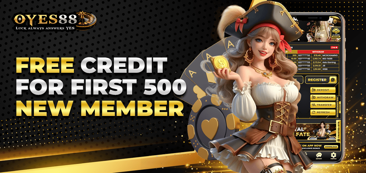 Wide promotional banner with pirate-themed character and text 'Free Credit for First 500 New Member'.