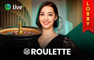 Woman smiling beside roulette wheel with 'ROULETTE' text and live casino logo