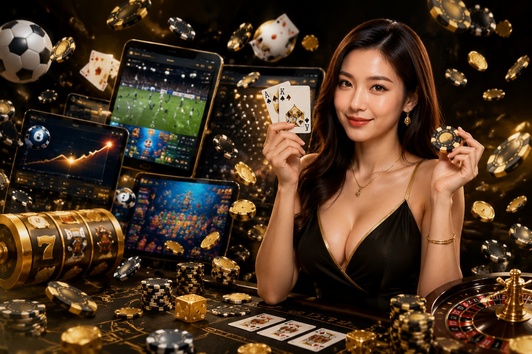 Woman in black dress holding cards and chip, surrounded by screens and coins.