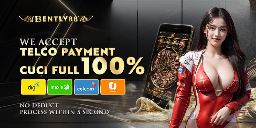 Bently88 telco payment acceptance: digi, maxis, celcom, Umobile, with mobile app and woman in red outfit.