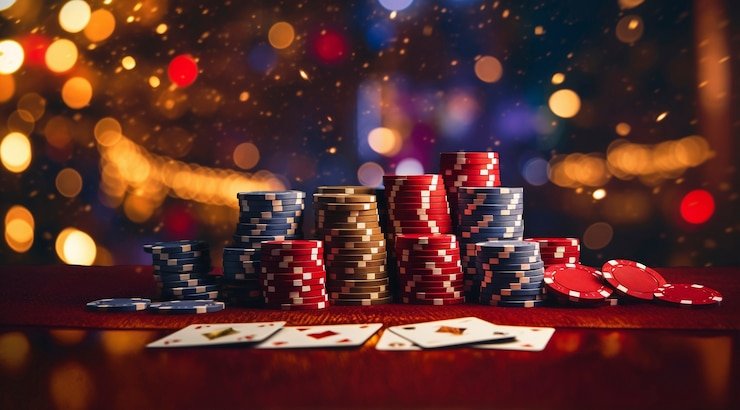 Stacks of poker chips and playing cards on a table with bokeh lights in background.