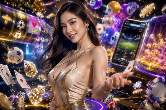 Woman in gold outfit pointing, surrounded by casino chips, cards, and mobile games